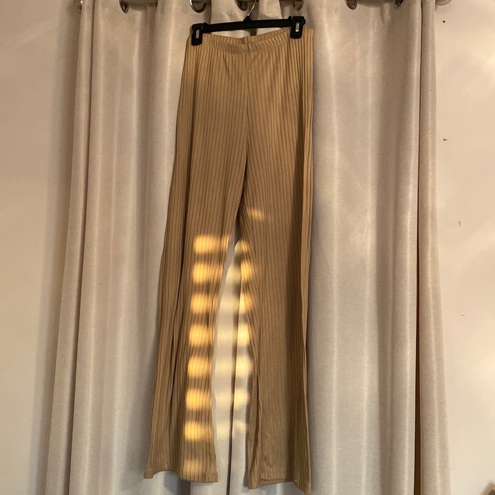 Beige Ribbed Flare Leg Pants